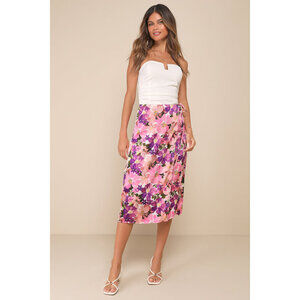 Lulus Thriving Spirit Pink Multi Floral Satin Side-tie Midi Skirt - Size S